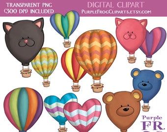 watercolor HOT AIR BALLOONS - Digital Clipart, Clip art. 12 images, 300 dpi. jpeg, png files. Instant download. Printable illustrations.