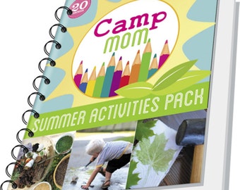 May include: A spiral bound book with a yellow sun and the text "Camp Mom" in a colorful font. The book has a green and white stripe with the text "Summer Activities Pack". The cover features three images of children's activities.