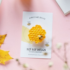 Yellow Honeycomb brooch from polymer clay. Honey bee jewelry. Nature inspired brooch pin