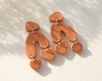 Modern polymer clay earrings in Burnt orange, Trendy clay statement earrings