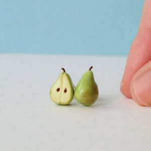 Miniature Pear fruit earrings, Polymer clay earrings with silver posts