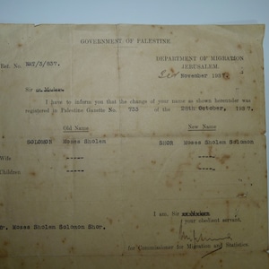 Carta assinada pelo Departamento de Imigração do Governo da Palestina, vintage, 1937, Jerusalém
