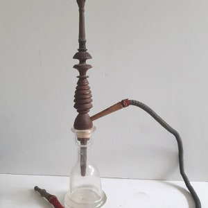 Vintage 1930-1940 Islamic Brass, Wood and Glass Hookah Nargila, Woven Bedouin Fabric, H 57 cm