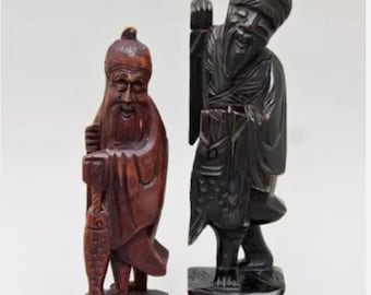 ヴィンテージ 中国 木彫り 漁師の置物 ペア 高さ 9.5 インチ & 12