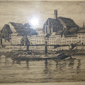 Antique 19C Wood Engraving Industrial River Scene, Das neu Fischerufer, Signed Rusche, 21 x 24 cm