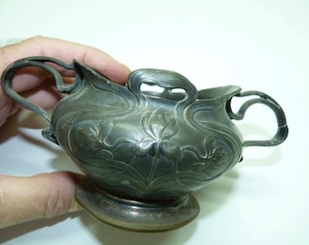 Antique c1900 WMF Marked Art Nouveau Silver-Plated Pewter Jug, Whip Handles, W 8.5 cm