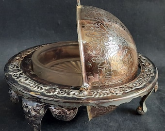 Vintage English Marked Silver-Plated Caviar Container, Moving Hood, Original Liner, D 13 cm