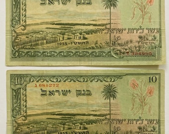 Par Vintage 1955 Banco de Israel 10 billetes de lira, números rojos, EXF, 1ª serie de paisajes