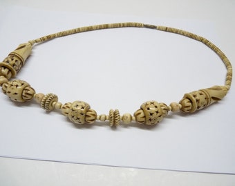 Vintage Hand-Carved Real Bone African Tribal Openwork Necklace, Good Condition, L 61 cm