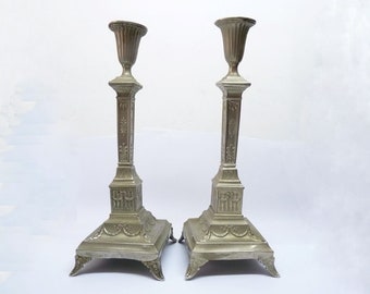 Par Antiguo ~ 1900 Judaica Polaco Numerado Shabat Candelabros, Marcado GALW. N J.RYBA, H 15"