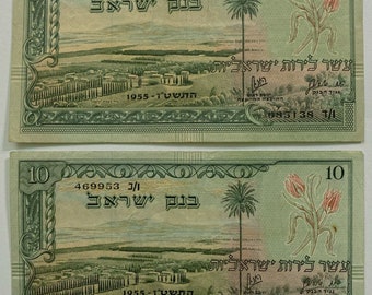 Par Vintage 1955 Banco de Israel 10 liras Billetes, Números negros, EXF, 1ª Serie de paisajes