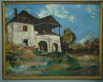 Nora Schutz-Minorovics Romanian/German Artist, Vintage 1963 Oil Painting, Village, 50 x 65 cm