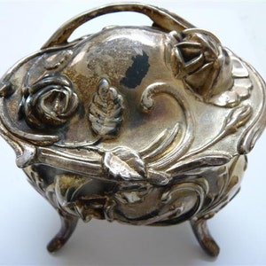 Antique Scrolled Art Nouveau Silver-Plated Pewter Jewelry Box on Legs, Numbered, H 10 cm