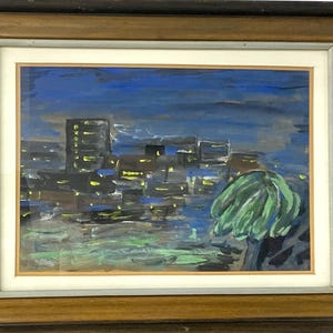 Jily Jaary Vintage 1967 Israeli Signed Painting, Night Skyline of Tel Aviv, 32 x 48 cm