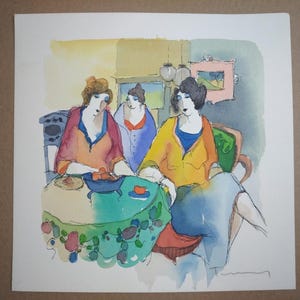 Deklarierter Künstler Isaac TARKAY Signiertes Aquarell, Drei sitzende Damen, 24,5 x 24,5 cm