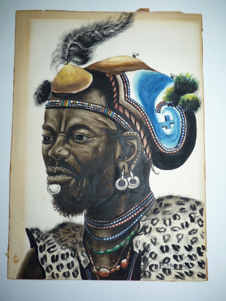 P. MWENG Nigerian African Artist, Superb Painting of Tribal Chief, 35.5 x 25.3 cm