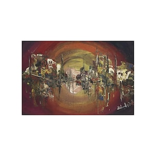 Vintage Zoltan Perlmutter Surrealistic Impasto Oil Painting, Rising Sun Over Town, 37.5 x 58 cm