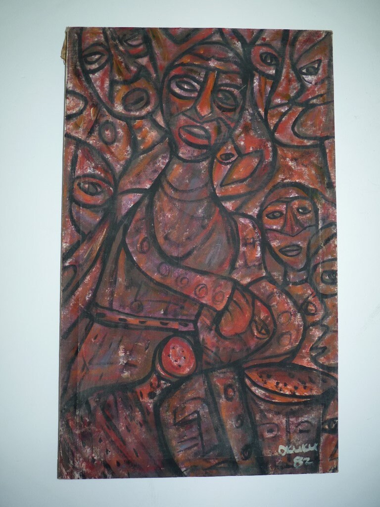 Okuku African Artist, Vintage 1982 Podpisany obraz olejny, Abstrakcyjne afrykańskie plemiona, 63 x 38,5 cm