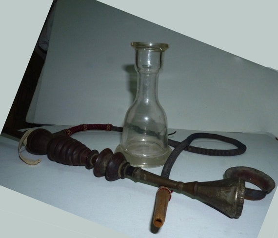 高級応接煙草セット◆義次刀◆昭和レトロ◆アンティーク Vintage 1930-1940 Islamic Brass, Wood and Glass Hookah Nargila