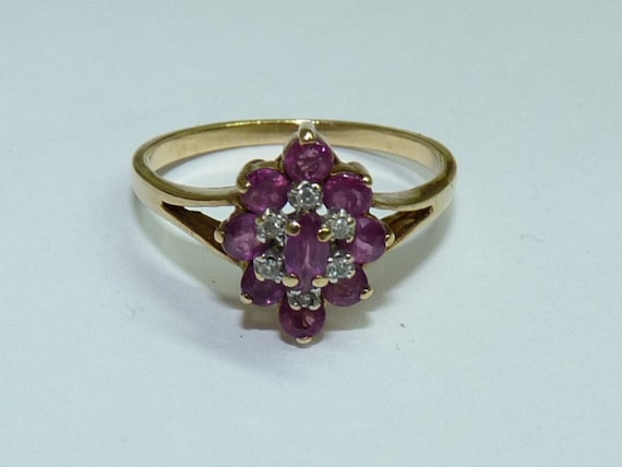 Antique 10K Karat P Plumb Yellow Gold Ring, Rubies and .06CT Diamonds, US Size 6