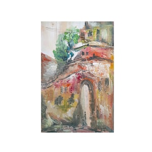Listed Zoltan Perlmutter Colorful Impasto Oil Painting, Figures in a Doorway, 55 x 36.3 cm
