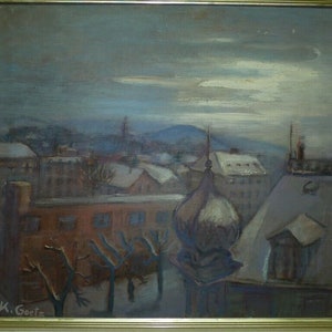 May include: A painting of a snowy cityscape with a church steeple in the foreground. The sky is a pale blue with a few clouds. The buildings are a mix of brown and white. The painting is signed "K. Goetz" in the lower left corner.