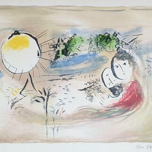 Marc Chagall Vintage Signed Colored Lithographic Limited Edition Reproduction 136/500, Pair of Lovers, 43 x 60 cm