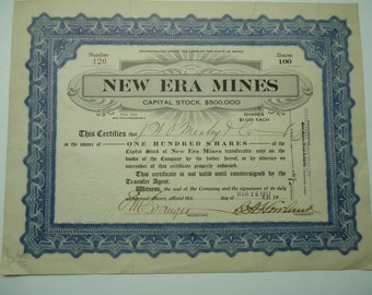 Original Antique 1917 Signé 100 actions minières a fait l’œil de New Era Mines Maine Full Paid, VGC