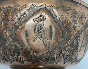 Antique Qajar Islamic Middle East Hand-Engraved Silvered Copper Bowl, Birds, Pointille Designs, D 20 cm
