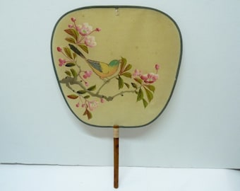 Vintage Chinese Silk Fan Hand-Painted Song Bird on Flower Twigs, H 19.3 cm