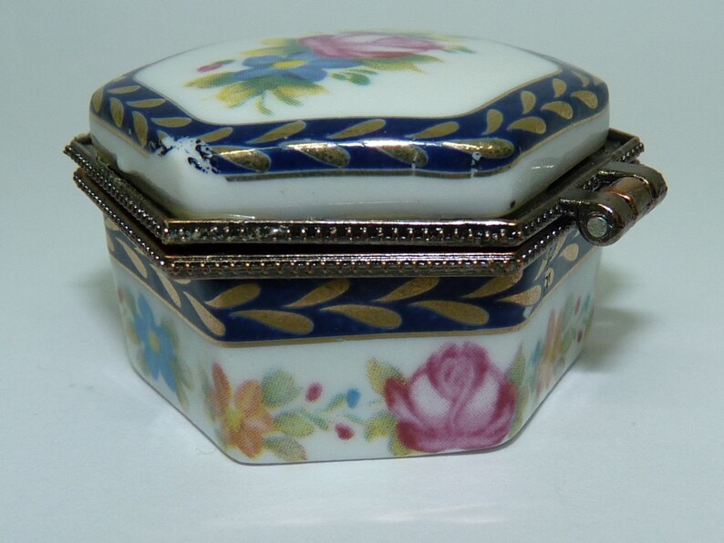 Vintage Marked Porcelain Trinket Box HexagonalShaped Hinged Etsy