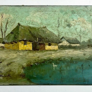 Antique Signed Hungarian Oil Painting, HORVATH, Houses on the Pond, 30 x 40 cm