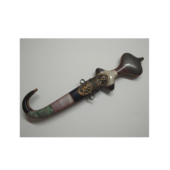 ◎古道具 庵々◎清末〜民国期 真鍮製カラクリ錠前 剣文様 ビットキー付◎珍品中国 アンティークイスラムモロッコクミヤ短剣、大理石と真鍮の鞘と柄付き