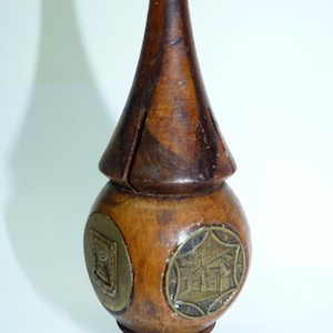 Old Vintage Judaica Olive-Wood Besamim Container, Jerusalem Medallions, H 14.5 cm