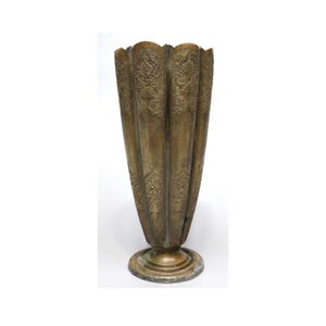 Antique 19C Islamic Hand-Crafted Brass & Tin Vase, Intricate Dense Repousse Ornamentation, H 19 cm