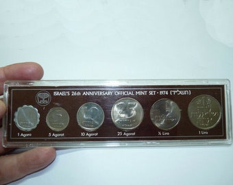 Set Israel 1974 26th Anniversary Official Mint Government Coins, Each Mint Marked, Plastic Sealed