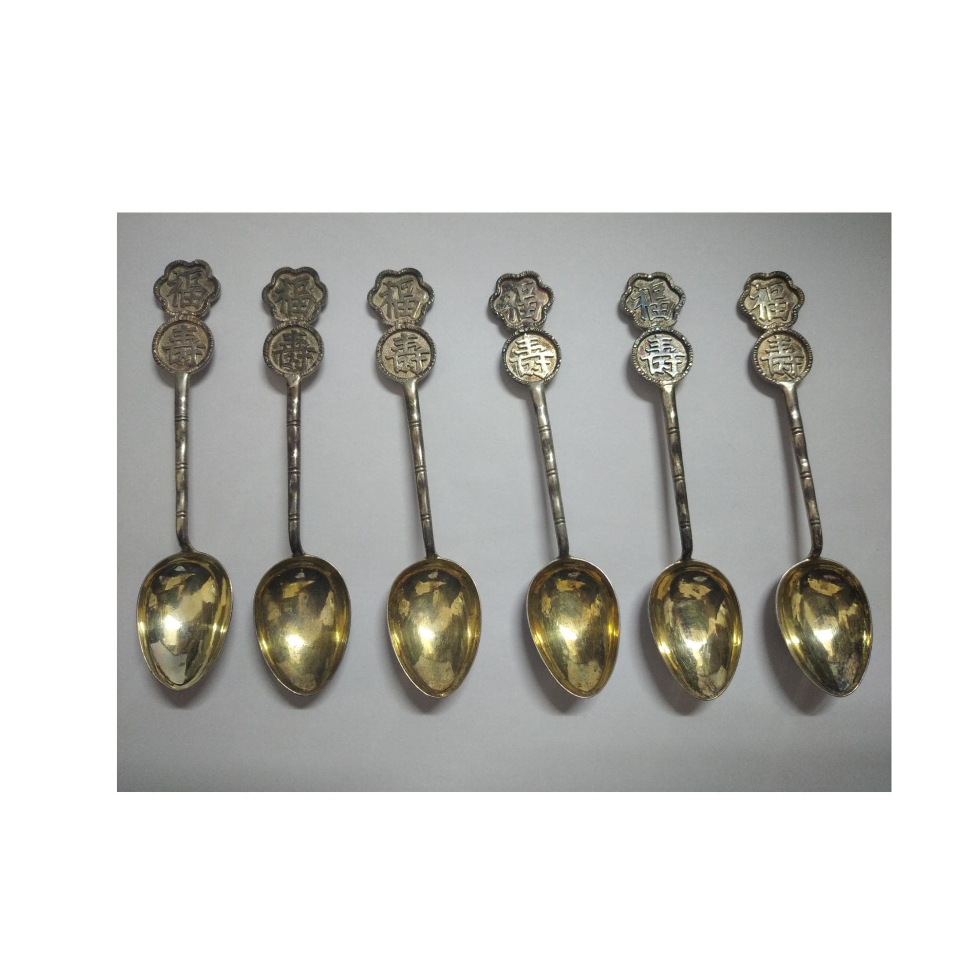 Set 6 Antique 1900 Chinese Export Silver Spoons Wang Hing, 900 Silver, Bamboo-Stick Handles Design, L 10.5 cm