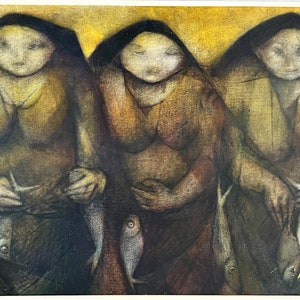 Agustin Aquino, Peru, Vintage 1978 Ölgemälde, Drei peruanische Fischerinnen, 89 x 64 cm