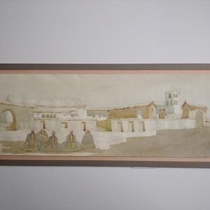 Könnte beinhalten: Ein Aquarellbild, das eine Szene eines Dorfes mit Gebäuden und Menschen im Vordergrund zeigt. Das Bild ist in gedeckten Tönen von Braun, Beige und Weiß gehalten, mit einem leichten Blauton im Himmel.