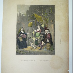 Antique 19C Signed German Woodcut Color Engraving "The Poulterer",  Dresdener Galerie, 30 x 22 cm