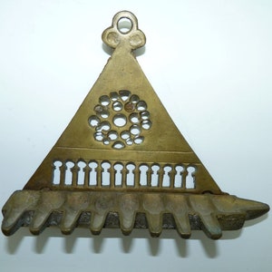Old Vintage Hand-Sawn Yellow Brass Judaica Moroccan Chanukah Menorah, H 14.4 cm