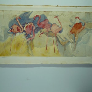 Edwin Salomon, Pink Flamingos, Colored Lithograph Pencil Signed Numbered 39/300, 39.5 x 79.5 cm
