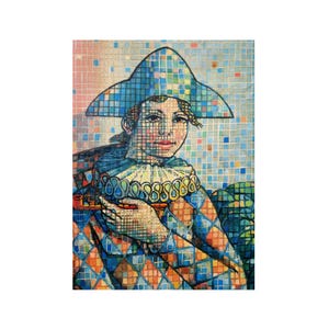 May include: A mosaic artwork depicting a figure in a harlequin costume. The figure wears a blue hat and a ruffled collar, holding a pipe. The costume features a diamond pattern in blue, orange, and yellow. The background is a mosaic of blue, green, and pink squares.