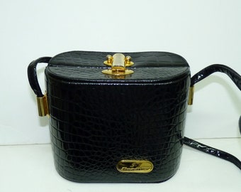 Vintage 1970s Deep Brown Faux Snakeskin Lady's Evening Fashion Handbag, 13 x 15 cm