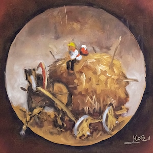 Shmuel Goldstein Romantisches Ölgemälde, Pferd und Heuwagen, 28 x 28 cm
