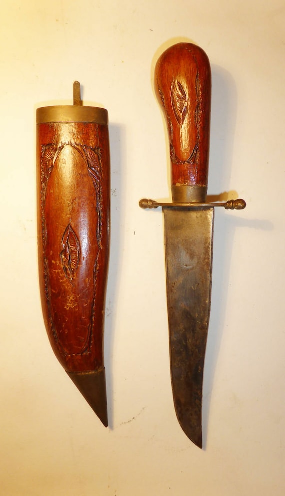 Vintage Shibriya Dagger, Carved Ornamented Wooden Handle & Sheath