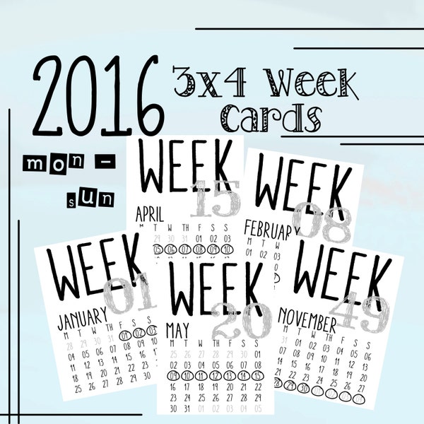 Printable 2016 Numbered Week Cards with Monthly Calendar, Monday to Sunday. Perfect for Project Life!