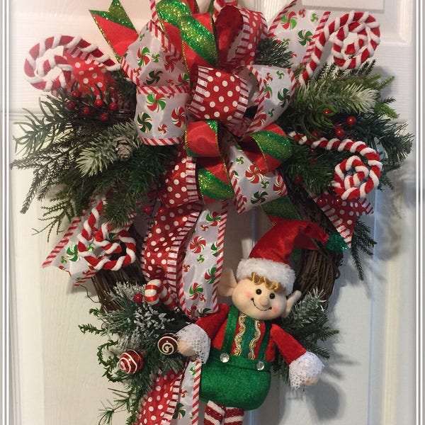 Christmas Wreath,Elf Wreath,Peppermint Candy Wreath, Elf Door Hanger,Christmas Elf Wreath, Candyland Christmas Wreath,Christmas Door hanger