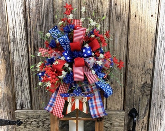 Summer Lantern Bow, Patriotic bow for lantern, Patriotic decor, lantern swag, Summer Lantern topper, USA Fourth of July decor, Memorial Day