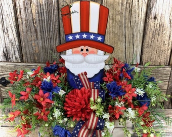 Patriotic floral arrangement, Summer Centerpiece, wooden Uncle Sam Decoration, Fourth of July Table decor, Red white and blue arrangement